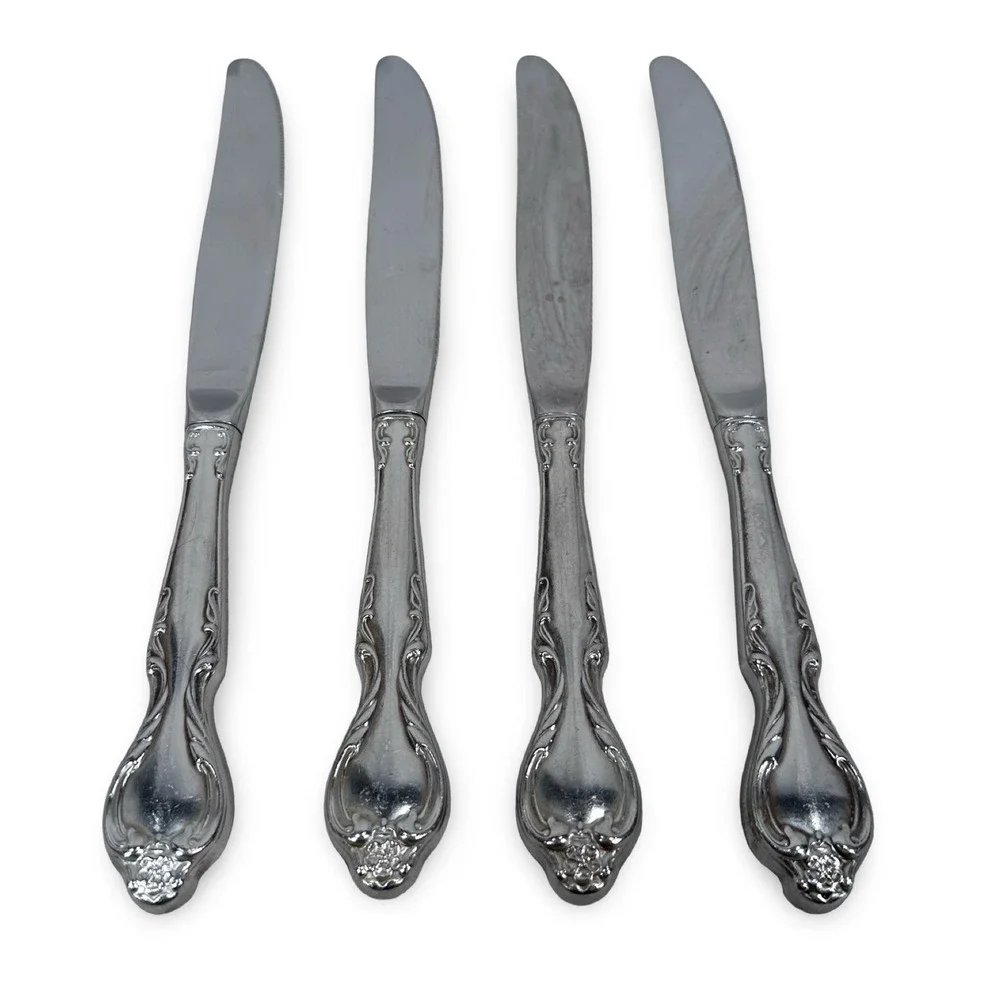 Lyon Queen's Fancy Stainless Steel‎ Dinner Knives Floral Scroll Pattern Set of 4